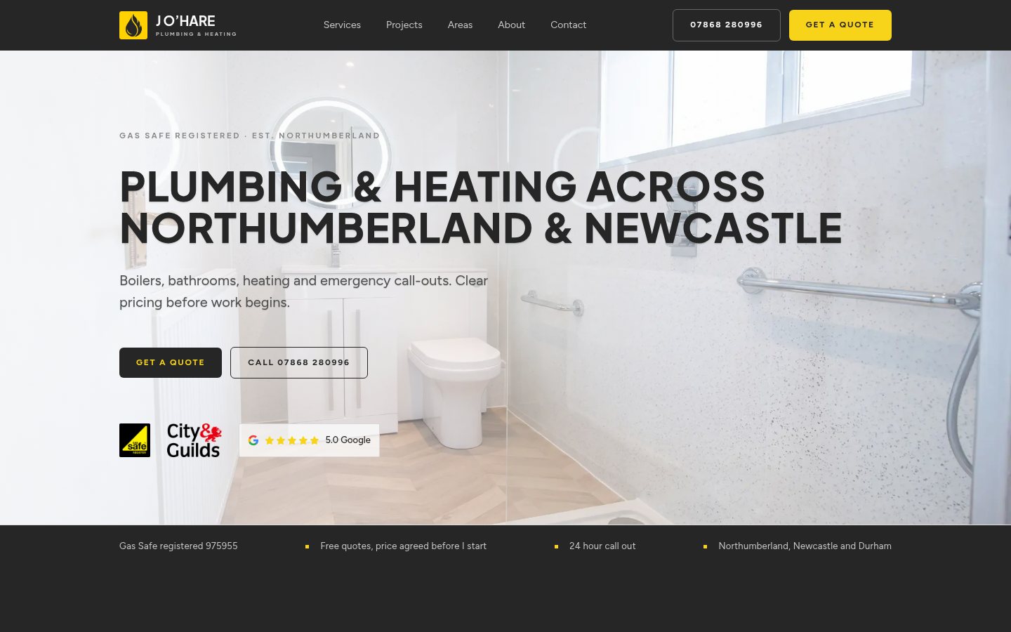J O'Hare, plumber, Northumberland website on desktop