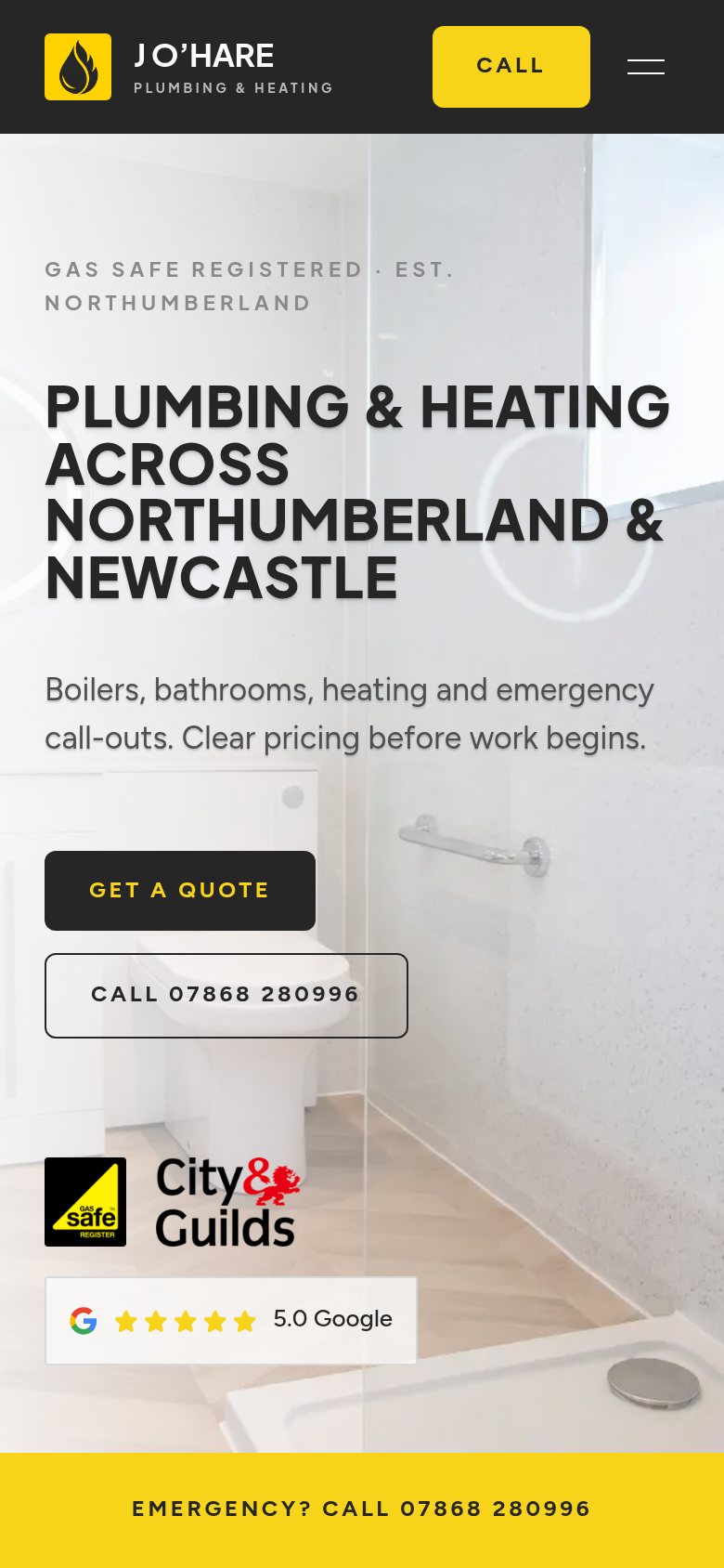 J O'Hare, plumber, Northumberland website on a phone