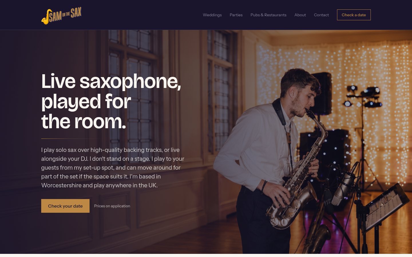 Sam on the Sax, wedding saxophonist, Worcestershire website on desktop
