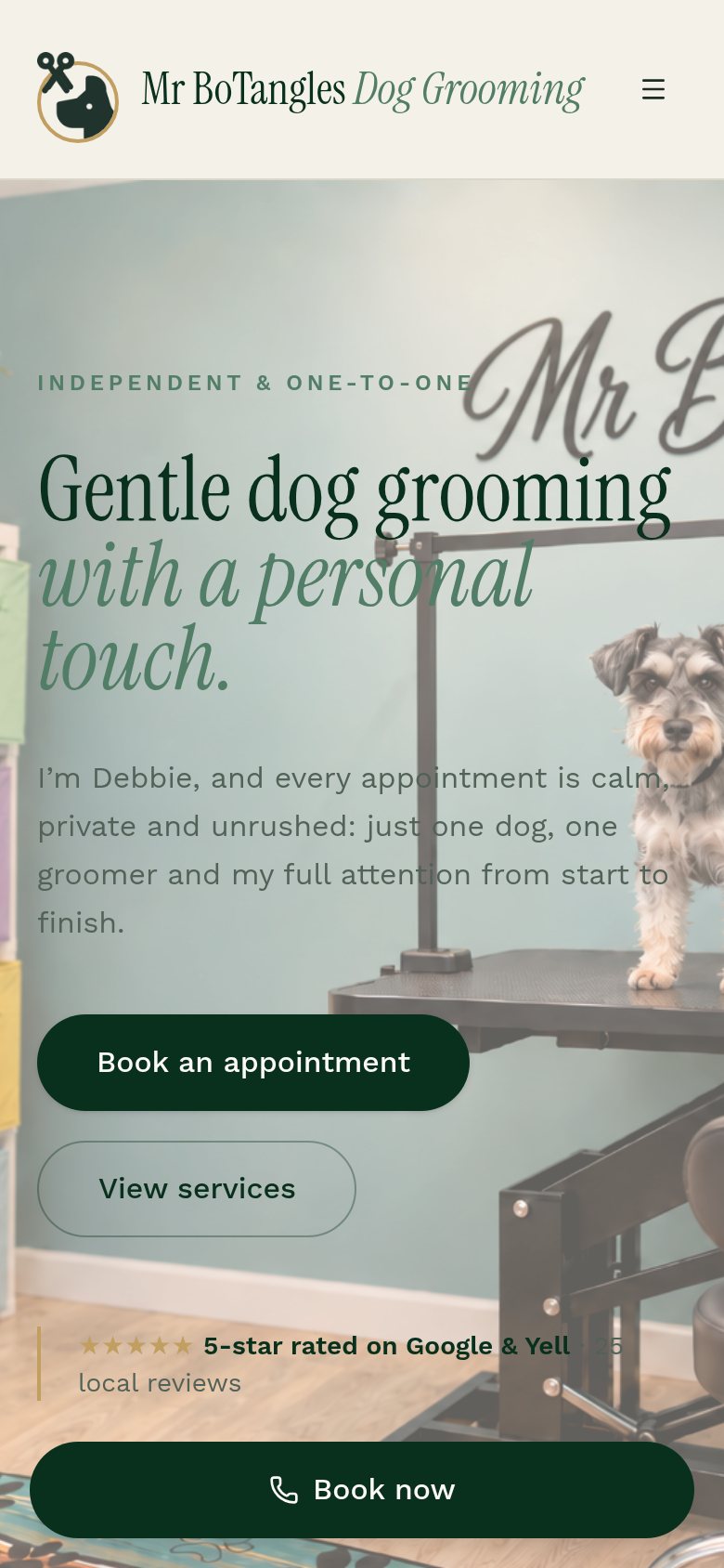 Dog groomer, Twickenham website on a phone