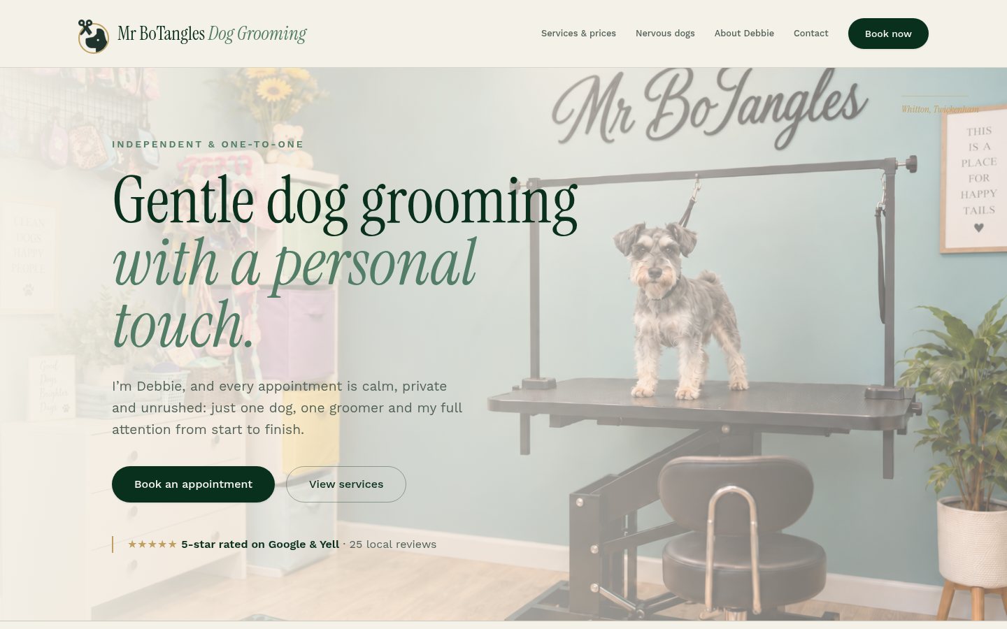 Dog groomer, Twickenham website on desktop