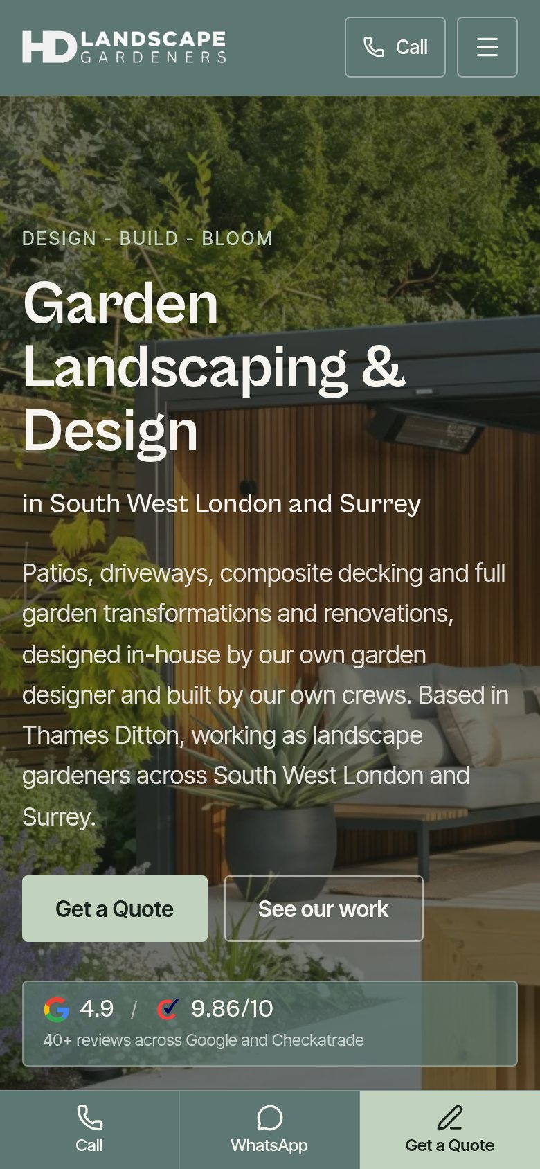 A landscape gardening website on a phone