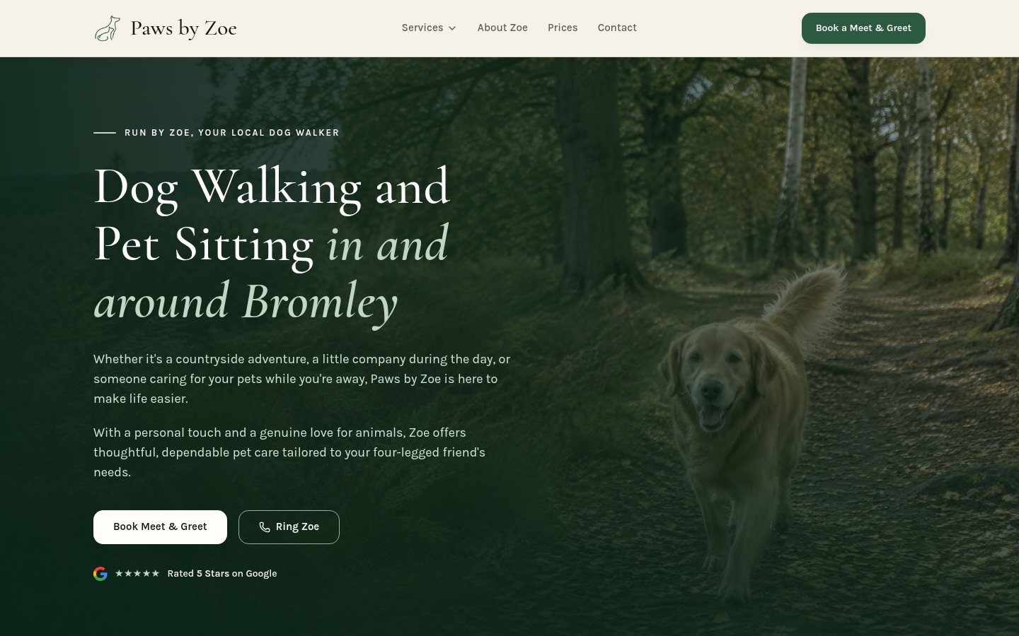 Paws by Zoe,
Pet care business, Bromley website on desktop